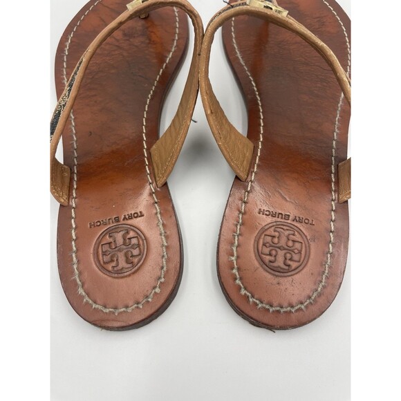 Tory Burch Cameron Leopard Thong Sandals Women’s 8 Leather Gold Emblem - Picture 3 of 5